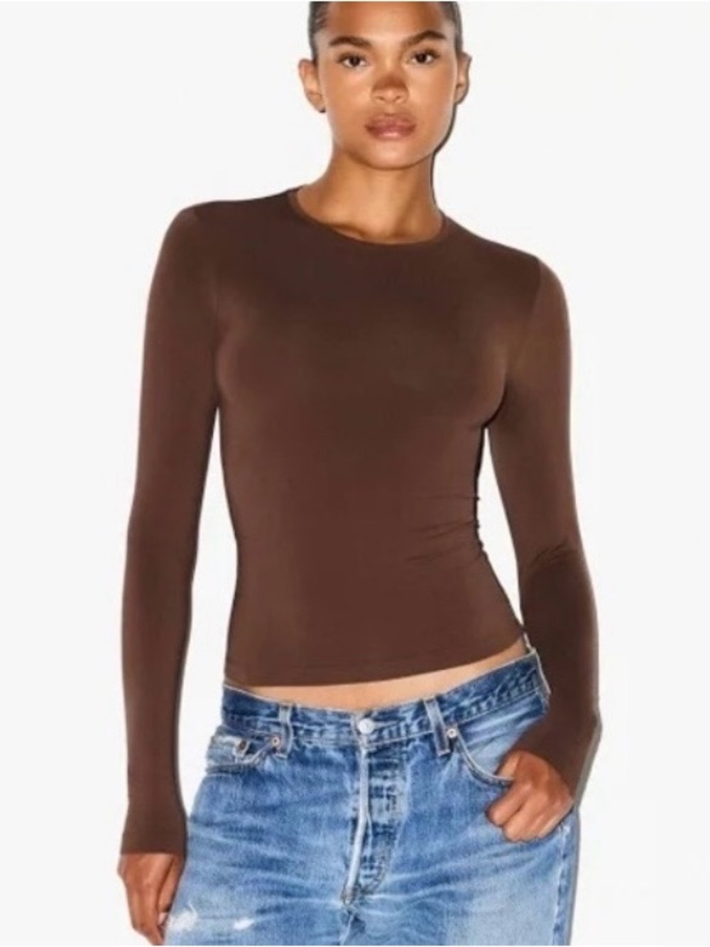 Soft smoothing seamless long sleeve color cocoa